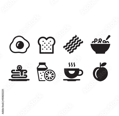 Black and White Breakfast Food Icons Vector Illustration Morning Meal Elements for Culinary Design and Recipes