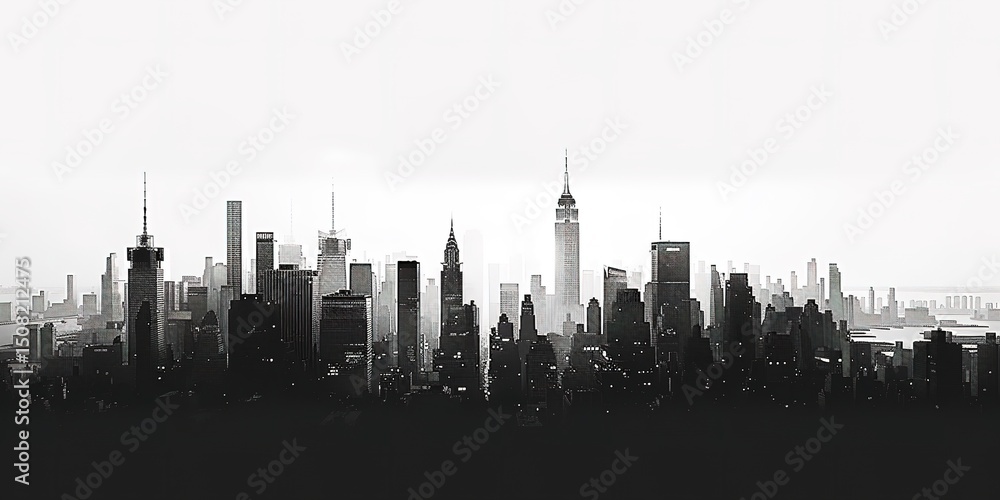 Naklejka premium Monochromatic New York skyline silhouette, urban cityscape with skyscrape