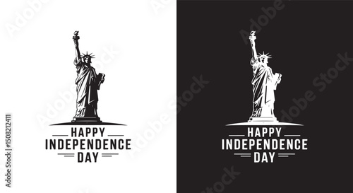 Iconic Statue of Liberty silhouette with "Happy Independence Day" text in both black and white, perfect for American patriotic themes and holiday celebrations
