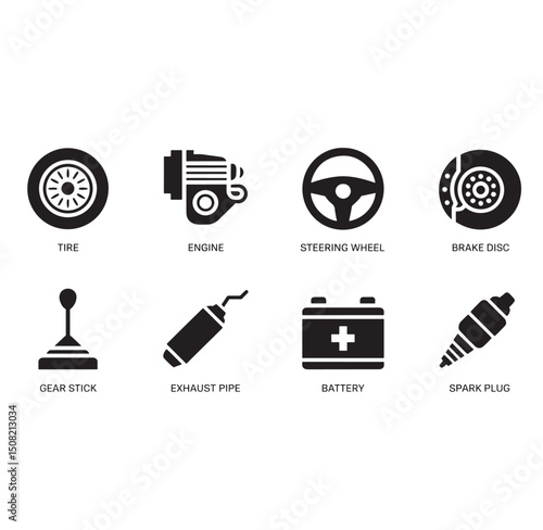 Black and White Flat Icon Set of Car Parts and Components for Automotive Industry on White Isolated Background