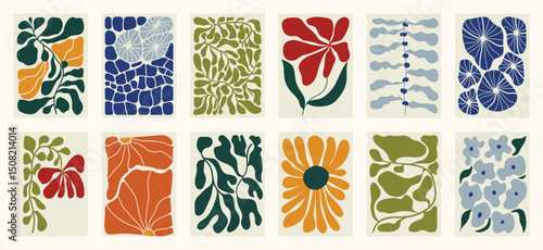 Botanical doodle background art vector set. Flower and leaves abstract shape doodle art design for print, wallpaper, clipart, wall art for home decoration.