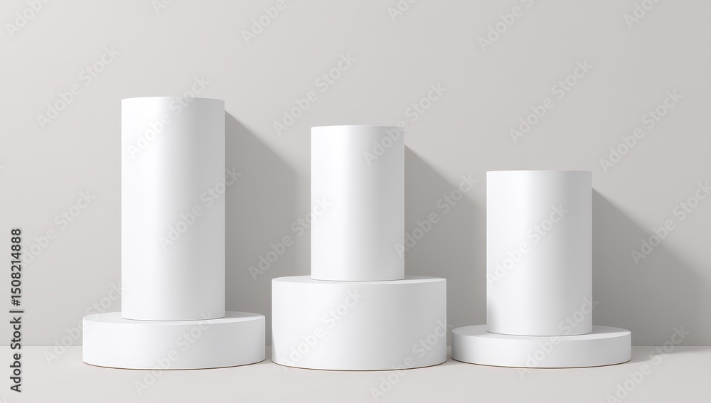 Three white cylindrical podiums, ascending in size, on light gray background Three white cylindrical podiums, ascending in size, on light gray background