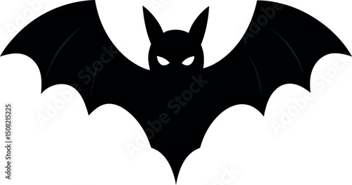 Black silhouette of a bat isolated on a white background. Concept of nocturnal wildlife, Halloween symbol, minimalist style, mysterious creature. Print, icon, design element.