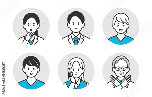ネガティブな医者･看護師･医療事務の男女顔アイコンセット【人物ベクターイラスト素材】