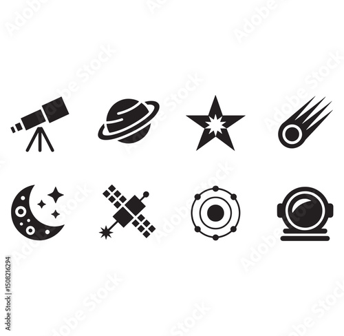 Space Exploration Icons Set Black Silhouette on White Background Astronomy Telescope Planet Star Comet Moon Satellite Atom Helmet