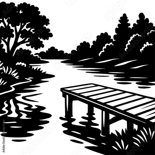 Monochrome vector illustration of a lake dock with trees in silhouette, ideal for themes of nature, tranquility, or outdoor scenery.