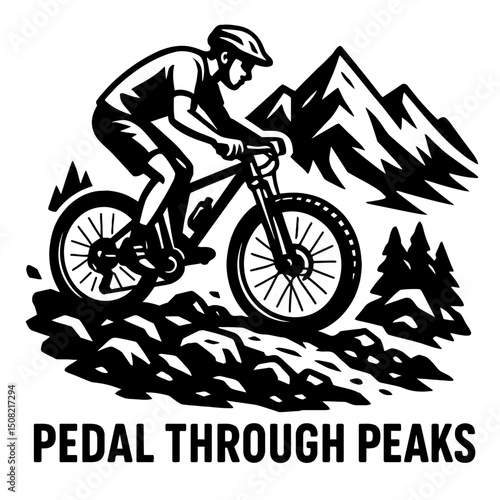 Monochrome vector illustration of a mountain biker on rocky terrain with mountains and trees in the background, ideal for themes of outdoor sports, adventure, or athletic design.