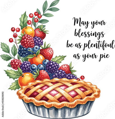 Plentiful Blessings and Delicious Watercolor Fruit Pie, Festive Pie and Blessings with Berries and Fruit