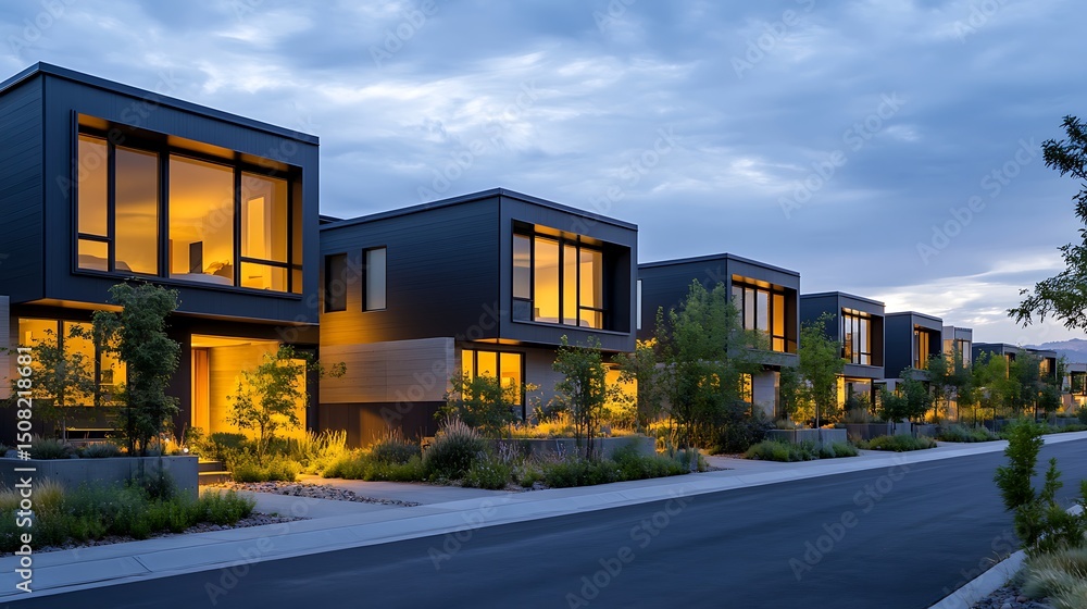 Fototapeta premium A row of energy-efficient homes with clean geometric designs, large south-facing windows, minimalistic front yards and overcast lighting