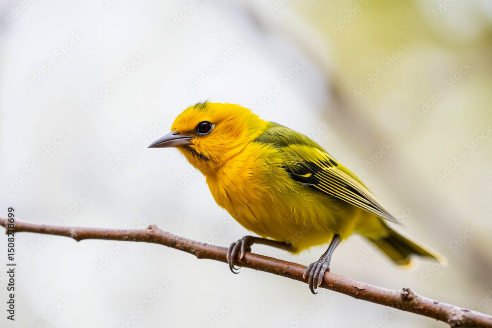 Obraz premium Bright Yellow Tanager Perched on a Tree Branch, Displaying Its Vibrant Yellow Plumage in a Tranquil Natural Setting, Vibrant Wallpaper
