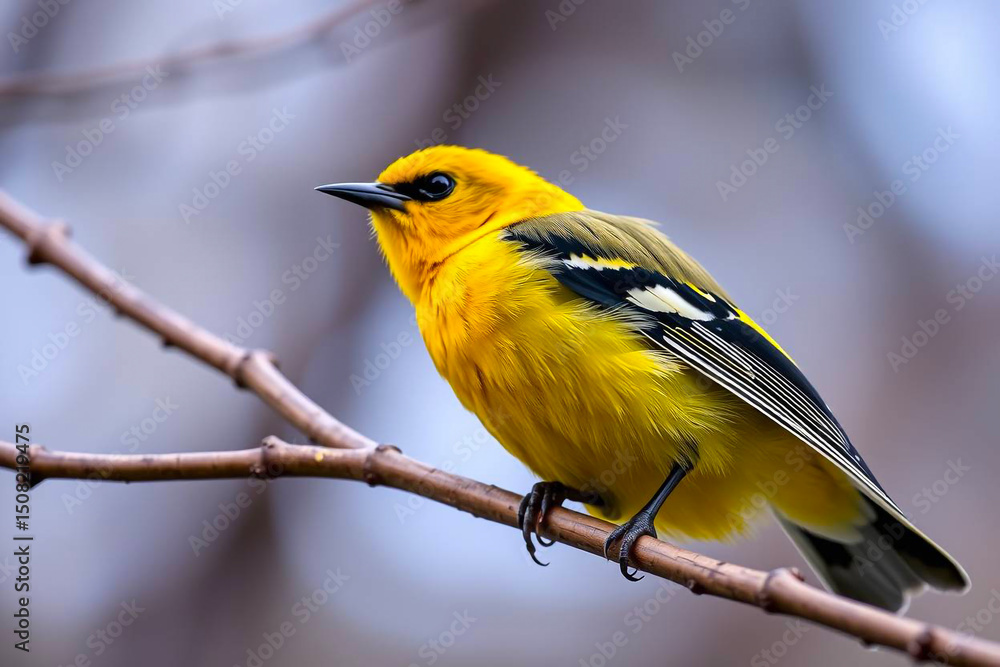 Obraz premium Bright Yellow Tanager Perched on a Tree Branch, Displaying Its Vibrant Yellow Plumage in a Tranquil Natural Setting, Vibrant Wallpaper