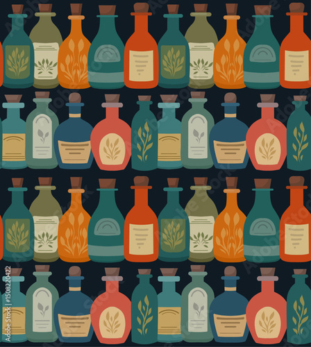 Vector seamless pharmacy pattern with vintage potion bottles. Texture with flasks on dark background for packaging, textiles