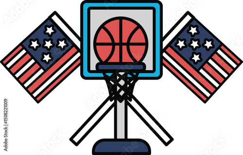 A basketball hoop with a basketball in it is surrounded by American flags