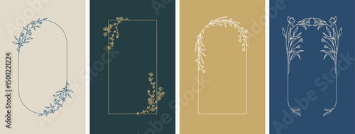 Elegant frames with hand drawn flowers and leaves, line style design template. Vector background for wedding invitation, greeting card, save the date, label, branding