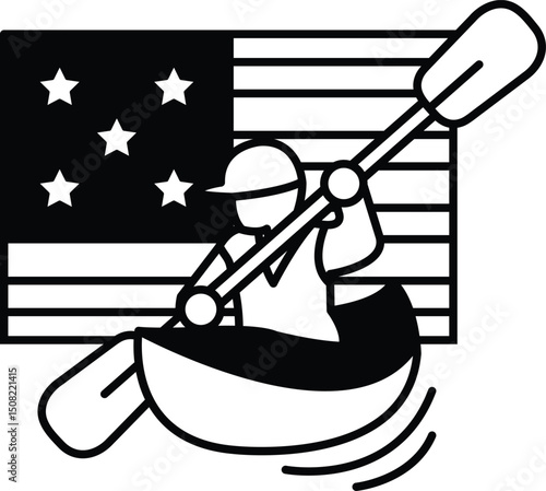 A man in a kayak is paddling on a river with the American flag in the background
