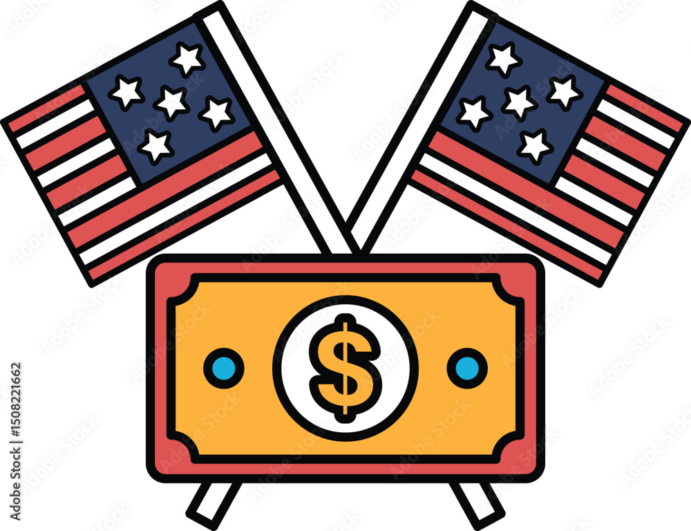 Fototapeta premium A dollar bill is crossed with two American flags