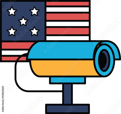 A surveillance camera is placed in front of an American flag