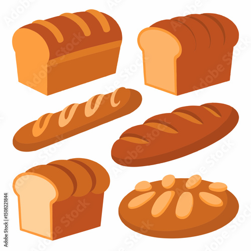 Collection of various types of bread including loaf, baguette, and round bread, concept for bakery, food blog, and recipe websites