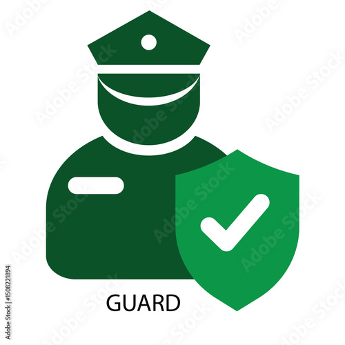 Stylized depiction of a security guard in dark green silhouette, wearing a peaked cap.