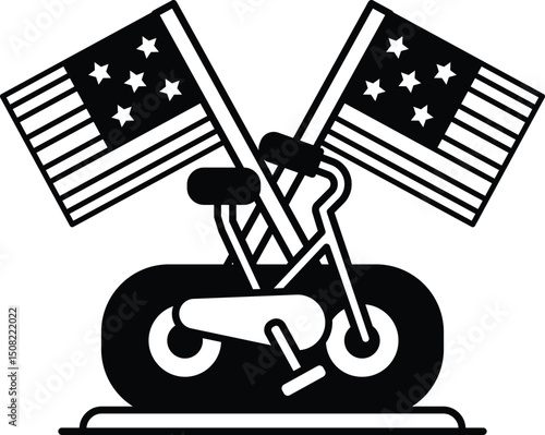 A black and white image of a bicycle with two American flags on the handlebars