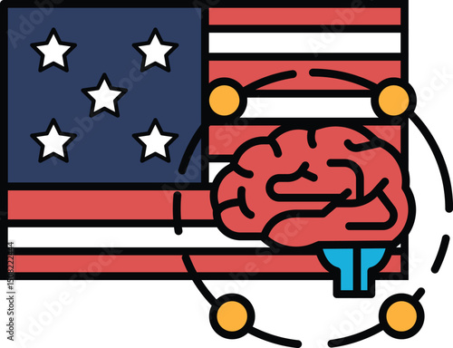 A brain is shown in the center of an American flag