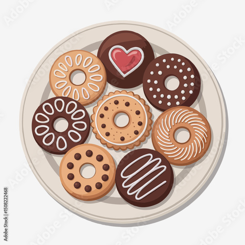 A plate of assorted round cookies with various chocolate and icing designs, concept for bakery, food packaging, and dessert menu design