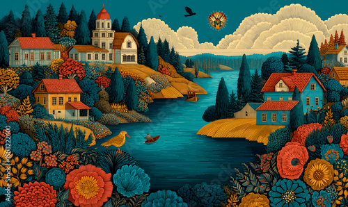 Illustrations presenting various neighborhoods in a bright and beautiful Russian rural style. The river, houses and way of life are visible