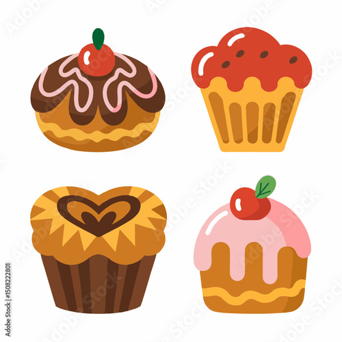 Collection of four cute cupcakes with different toppings and flavors, concept for bakery menu design, food blog, or recipe book