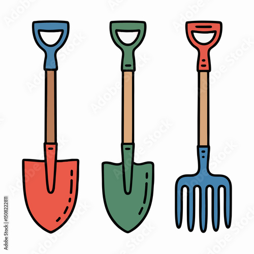 Three colorful hand-drawn gardening tools: shovel, spade, and hand rake isolated on transparent background, concept for landscape design and gardening elements