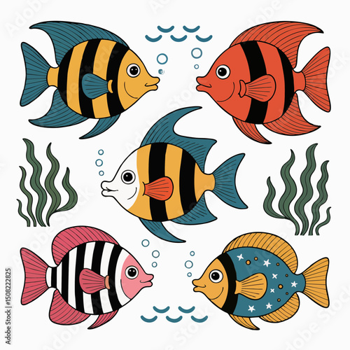 Illustration of four colorful fish swimming underwater with seaweed, concept for kids book, marine life, or aquatic design