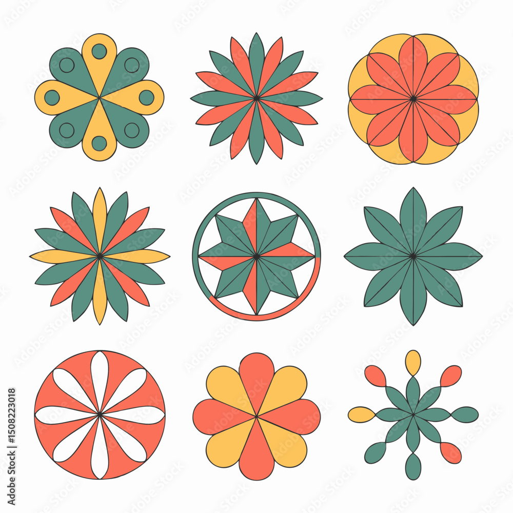 Fototapeta premium Nine abstract geometric floral designs in teal, coral, and gold on a transparent background, concept for textile print, pattern design, and branding
