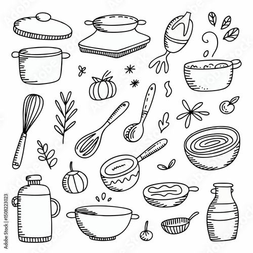 Hand-drawn kitchen utensil doodles including pots, pans, and whisks, concept for cooking recipe books and culinary blogs
