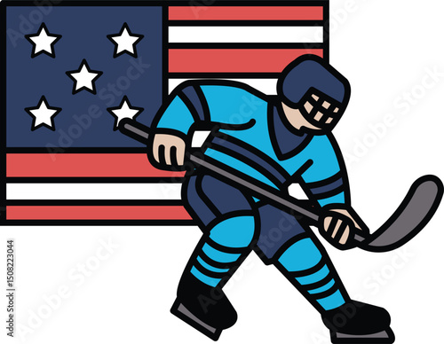 A hockey player is shown in front of the American flag