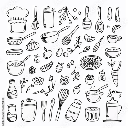 Hand-drawn culinary doodle set featuring various kitchen utensils, ingredients, and food items, concept for cookbook illustration, recipe design, or food blog