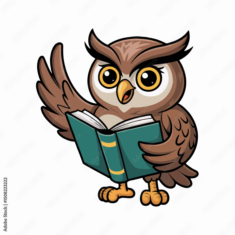 Cute cartoon owl holding a teal book, wing outstretched in a welcoming gesture; concept for children's book illustration, education, and mascot design