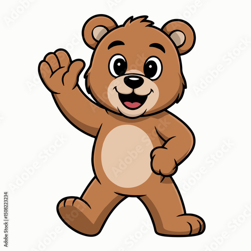 Adorable brown cartoon bear waving hello, concept for children's book illustration, mascot design, or greeting card