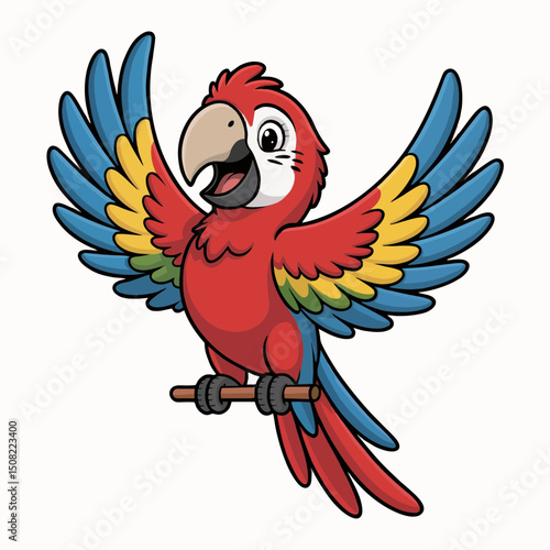 Cheerful cartoon scarlet macaw with spread wings perched on a branch, concept for children's book illustration, logo design, and mascot creation