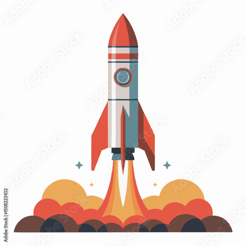 Stylized red and white rocket launching against transparent background, concept for startup, innovation, and technology