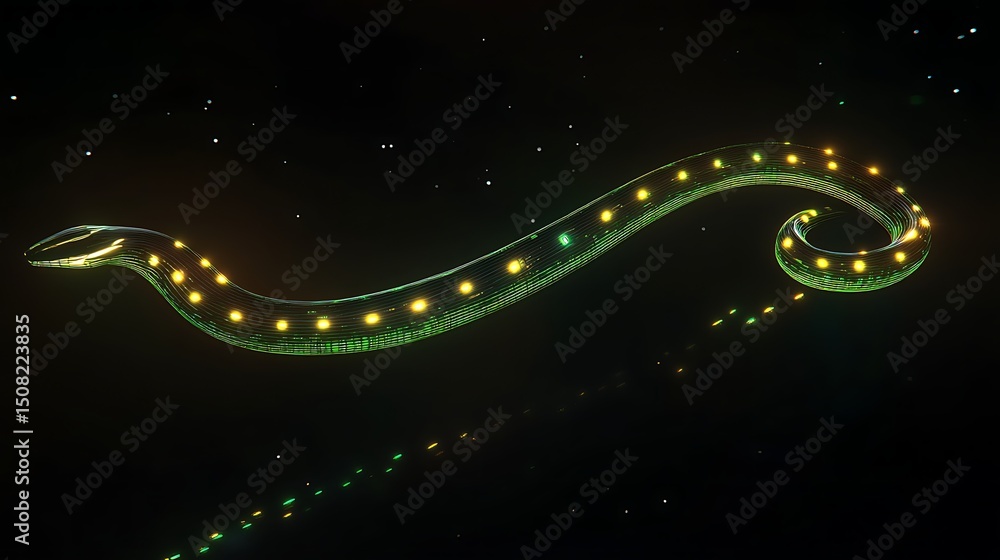 A sleek, angular snake with a glowing green and yellow line design, weaving through space like a high-tech creature of light, against a pitch-black backdrop. Each curve and edge is sharply defined. A sleek, angular snake with a glowing green and yellow line design, weaving through space like a high-tech creature of light, against a pitch-black backdrop. Each curve and edge is sharply defined.