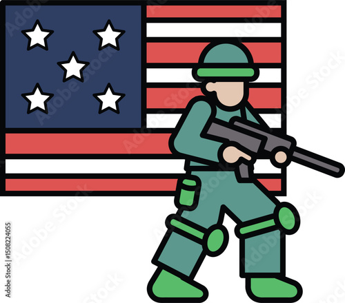 A soldier is standing in front of the American flag