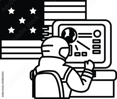 A man in a space suit is sitting in front of a computer monitor