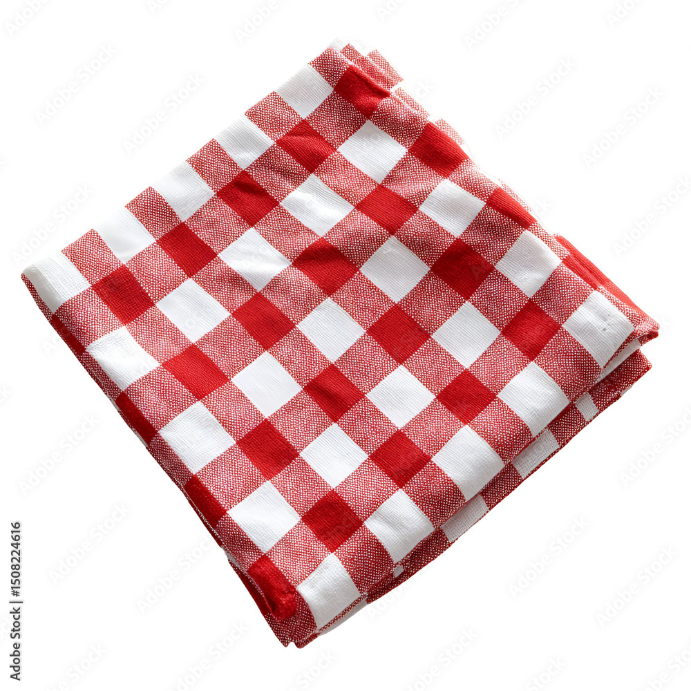 Red and white checkered picnic tablecloth folded neatly Red and white checkered picnic tablecloth folded neatly