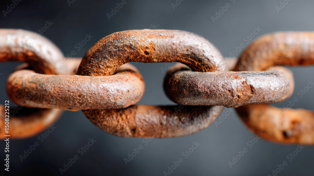 Close-up of rusty metal chain links showcasing texture and detail, highlighting the aged surface and industrial characteristics in a dramatic lighting setting Close-up of rusty metal chain links showcasing texture and detail, highlighting the aged surface and industrial characteristics in a dramatic lighting setting