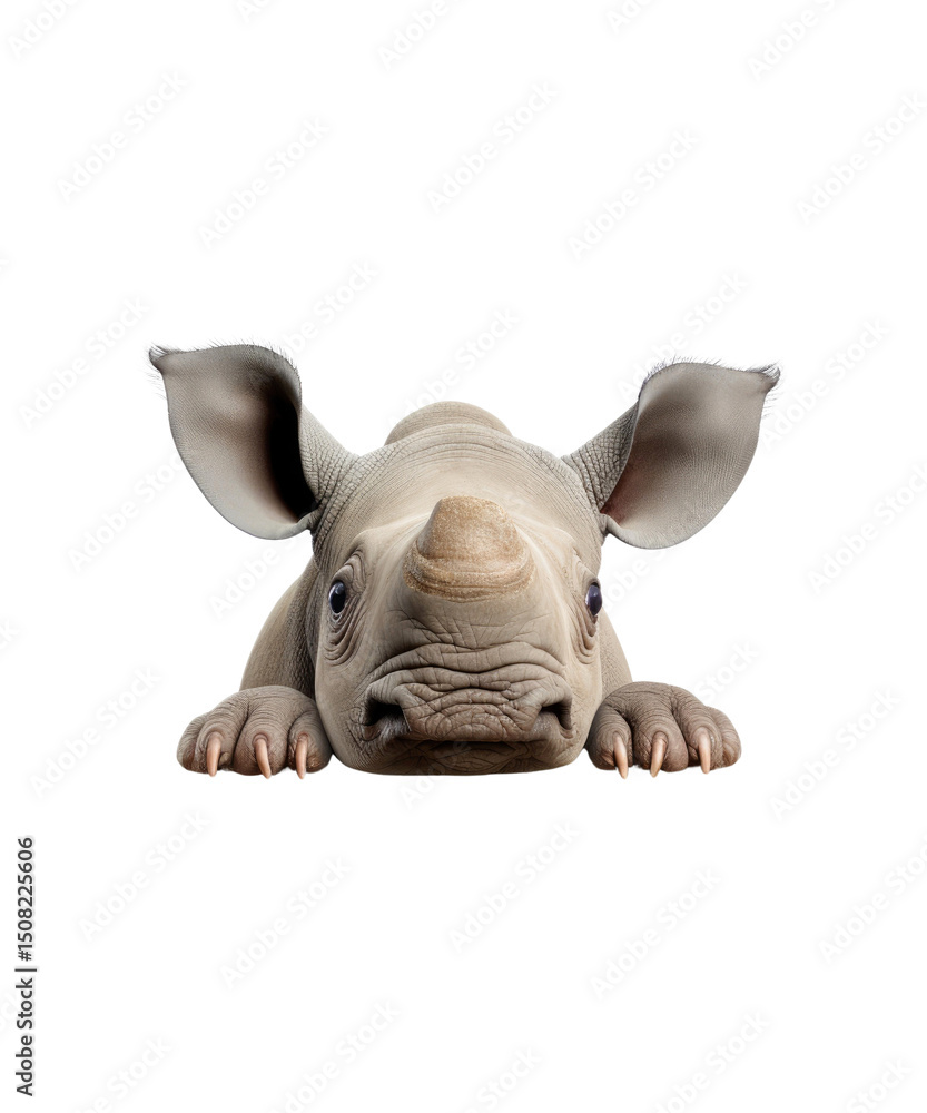 Obraz premium A cute cartoon cat and peeking dog with a bone, an elephant, and a walking gray rhino are isolated wild mammals