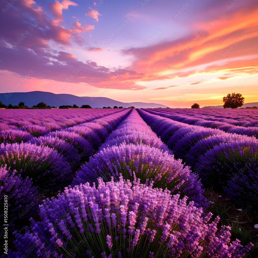 Obraz premium Stunning Lavender Fields at Sunset Vibrant Purple Flowers and Golden Sky Landscape Photography