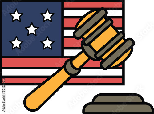 A wooden gavel is placed on top of a red, white, and blue American flag