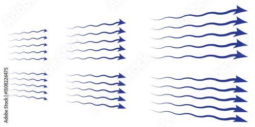 Air flow. Set of blue arrows showing direction of air movement. Wind direction arrows. Vector illustration isolated on white background.