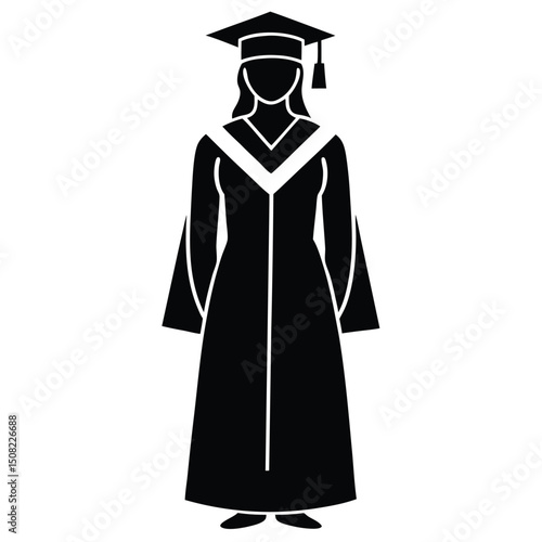 Woman sitting cross-legged with grad cap, silhouette vector