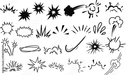 Comic explosion boom set featuring black and white pop art elements, speech bubbles, lightning, clouds, energy blasts, and action effects. Perfect for cartoon design, retro comics, and illustrations.