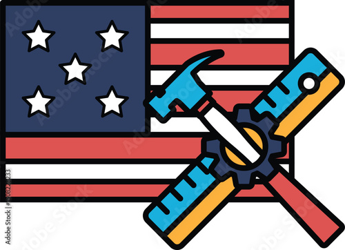 A hammer and a ruler are on top of an American flag
